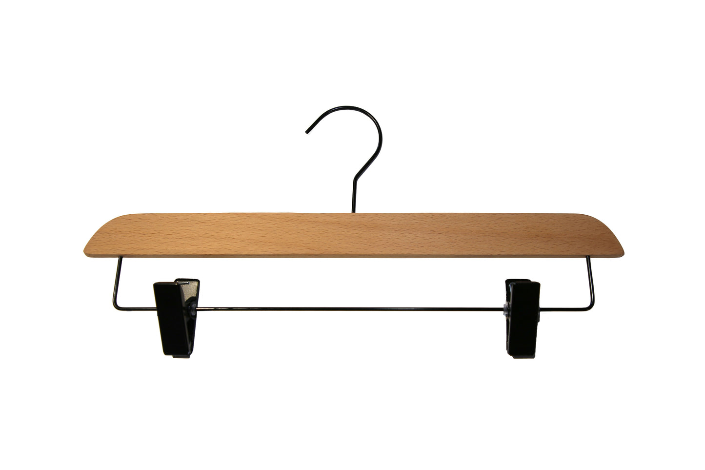 6615 - 14" NATURAL BOTTOM WOOD HANGER WITH BLACK HOOK AND CLIPS - 100 PER PACK