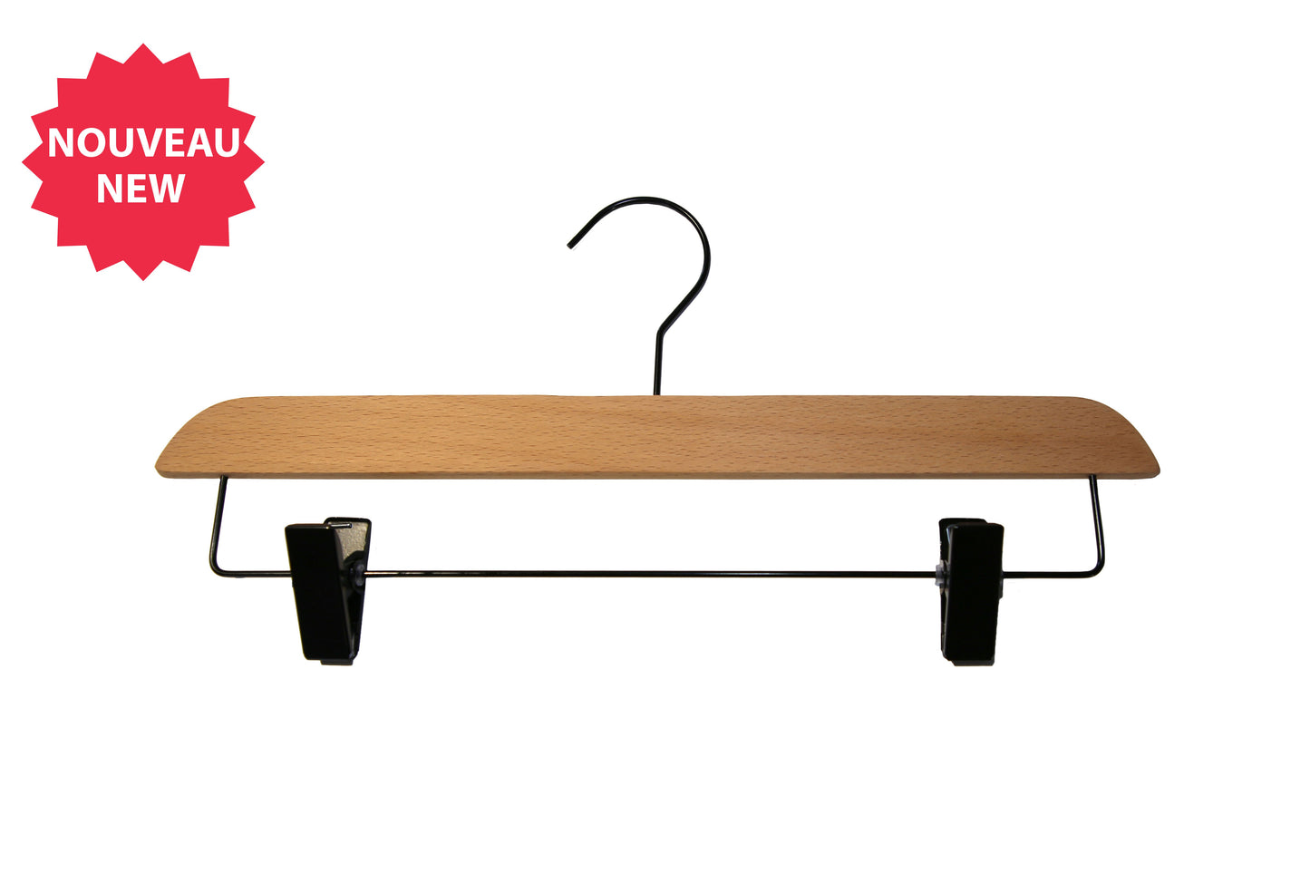 6615 - 14" NATURAL BOTTOM WOOD HANGER WITH BLACK HOOK AND CLIPS - 100 PER PACK