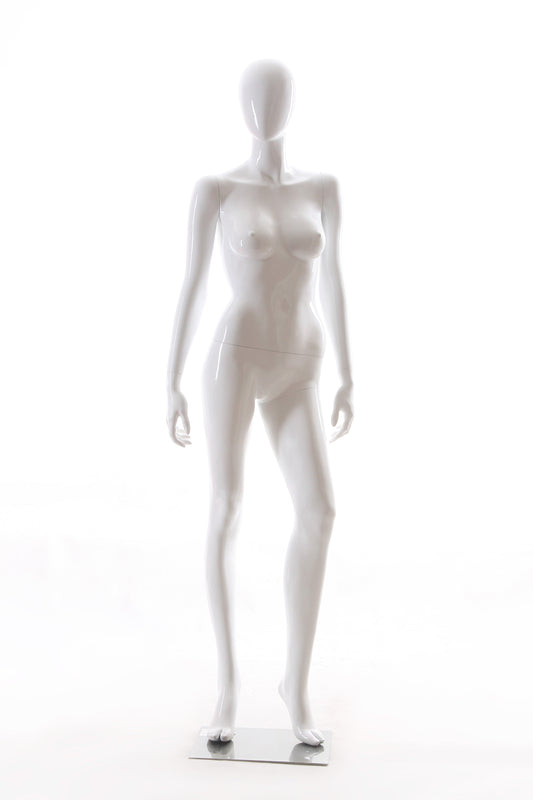 7609185 - GLOSSY WHITE FIBERGLASS EGGHEAD FEMALE MANNEQUIN