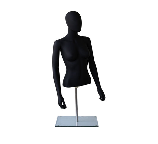 7609261 - MATTE BLACK PLASTIC FEMALE EGGHEAD TORSO WITH ARMS AND BASE