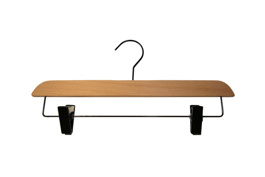 6615 - 14" NATURAL BOTTOM WOOD HANGER WITH BLACK HOOK AND CLIPS  - 100 PER PACK