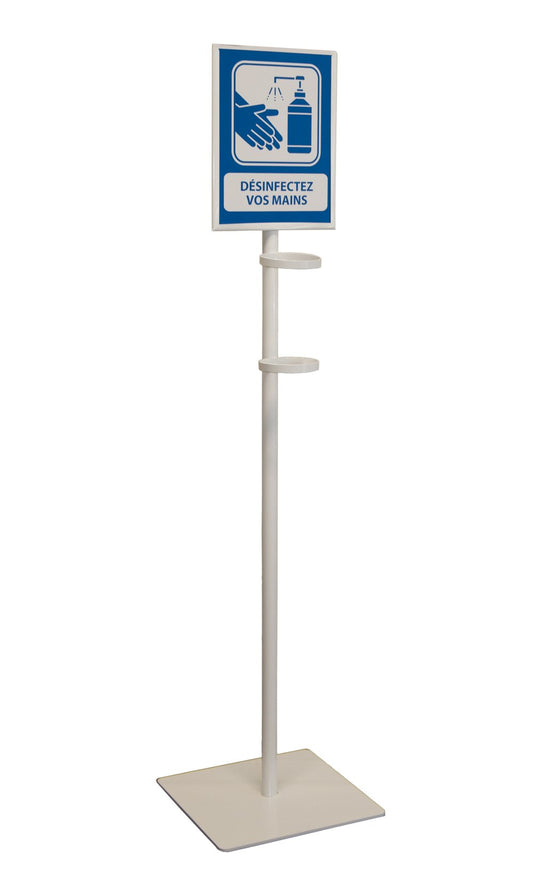 0010 - WHITE SANITIZER STAND & SIGN HOLDER FOR 1L BOTTLE
